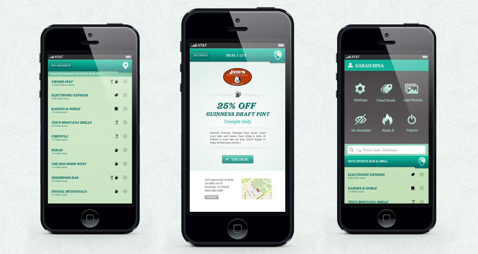 Facedeals app screens: venue list, deal detail, and profile/settings