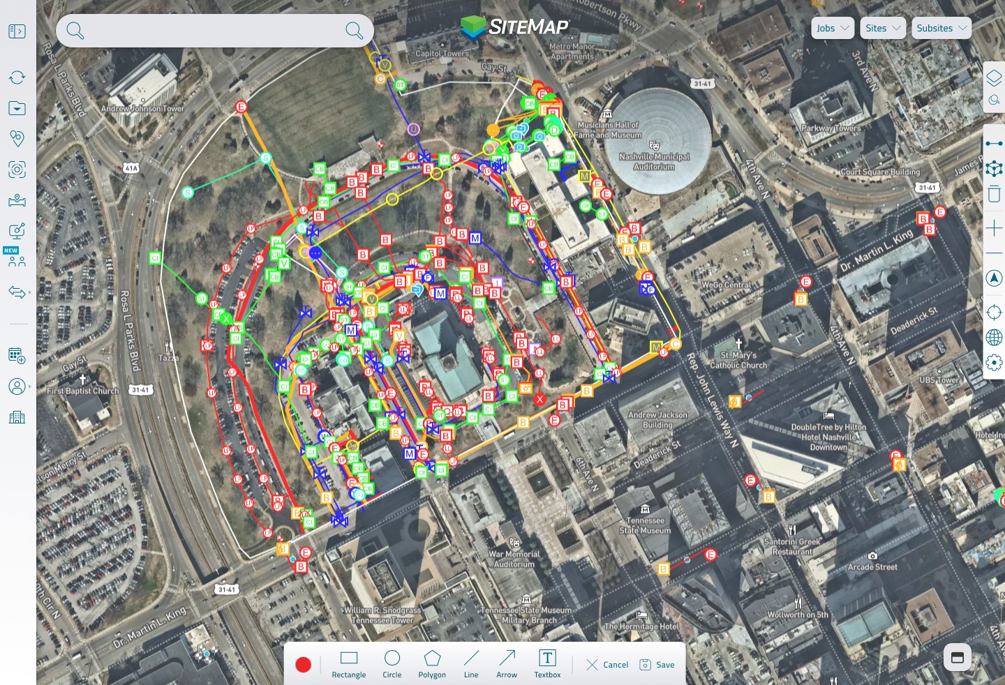 Historical utility data layered on the site map with drawing tools