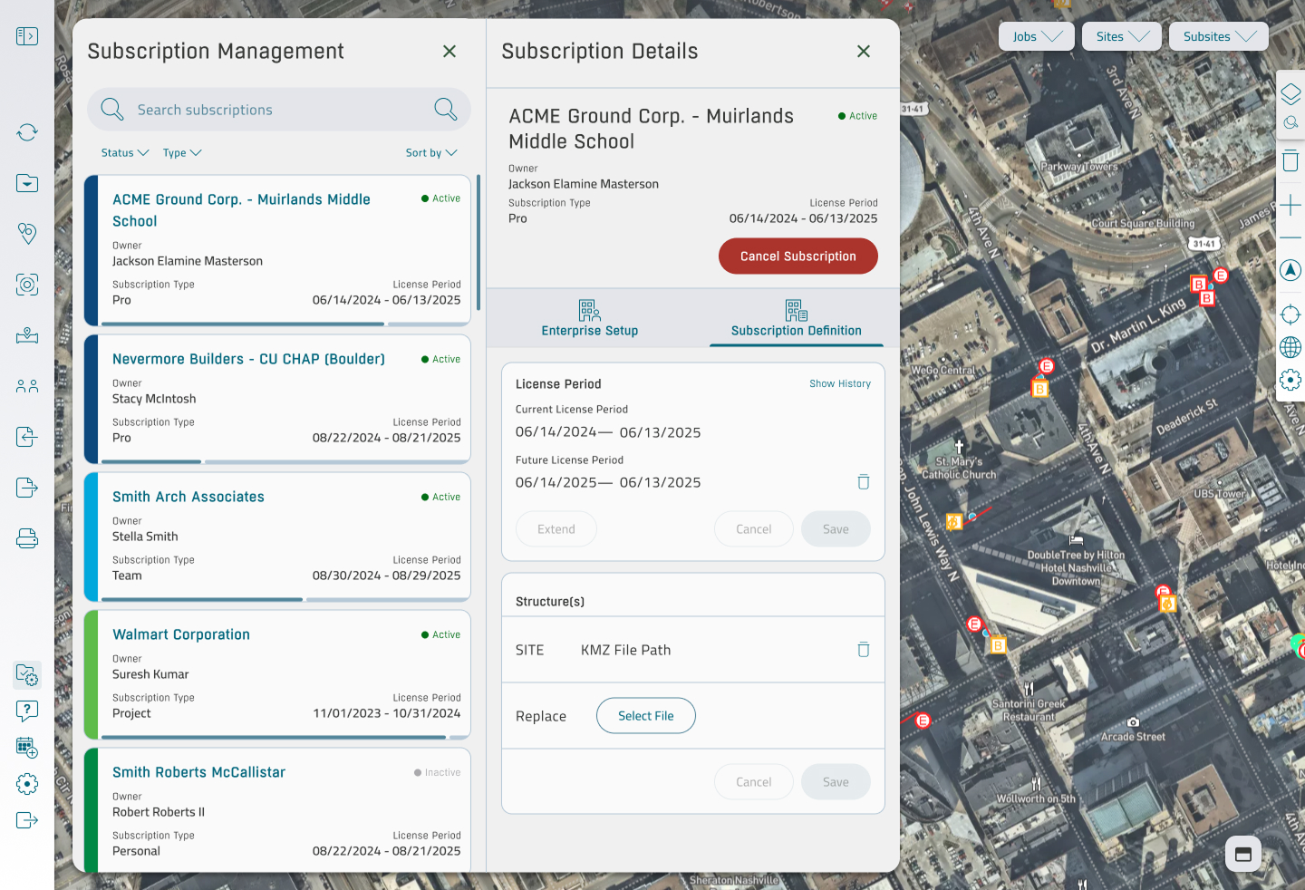 Subscription management and subscription details panels