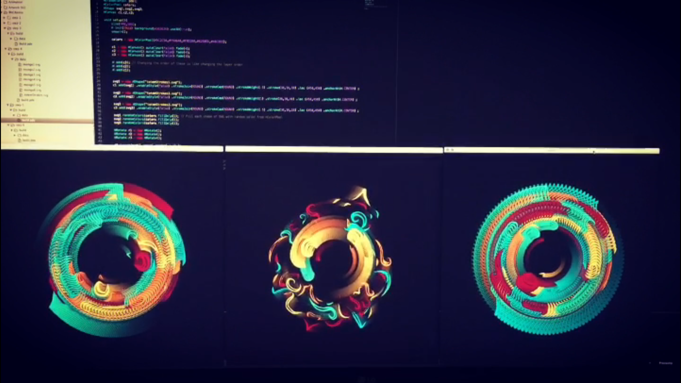 Three animated ring compositions, each a different random draw from the same shape pool