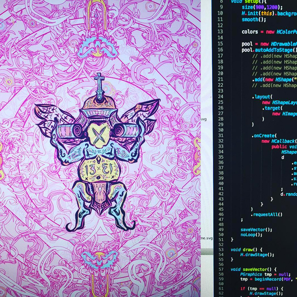 The 13/13 print: a hand-drawn crest surrounded by a generated field of ornaments