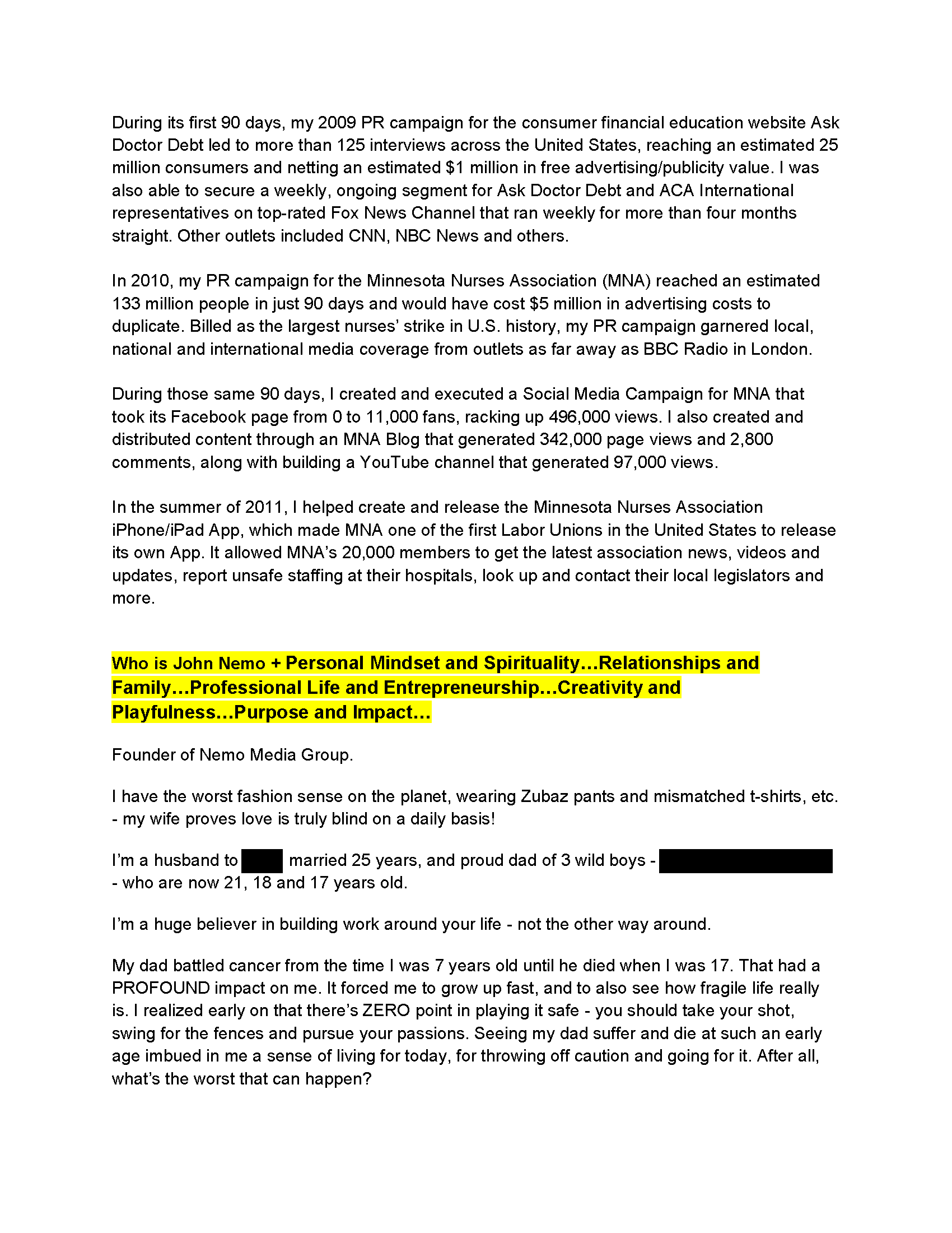 A page of a brand intake questionnaire filled in with personal, candid answers.