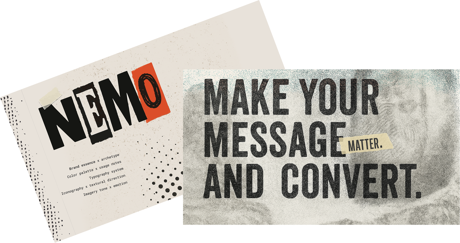The NEMO brand identity — mismatched display type on heavy grain.