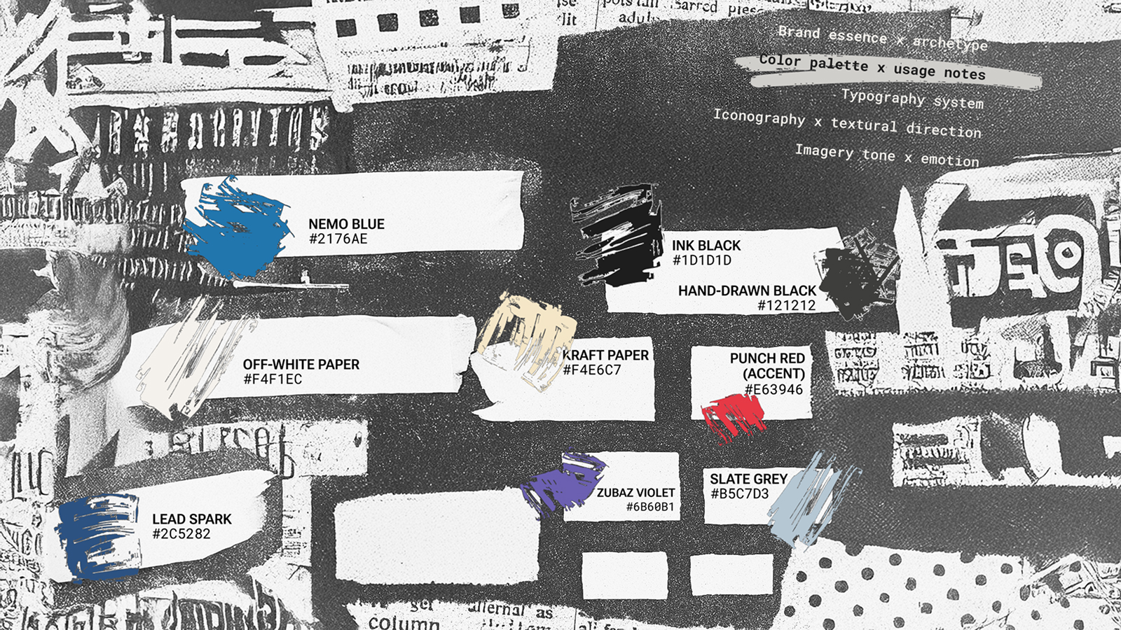 Hand-painted color swatches with hex values on a torn newsprint background.