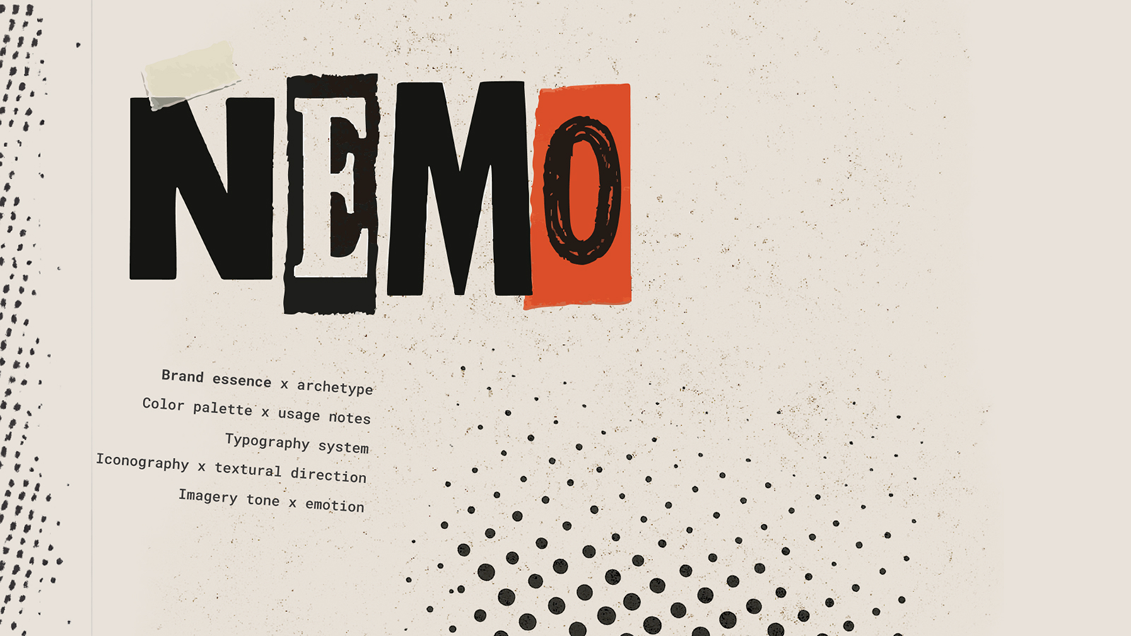 NEMO wordmark in mismatched type with a hand-drawn O on a textured cream field.