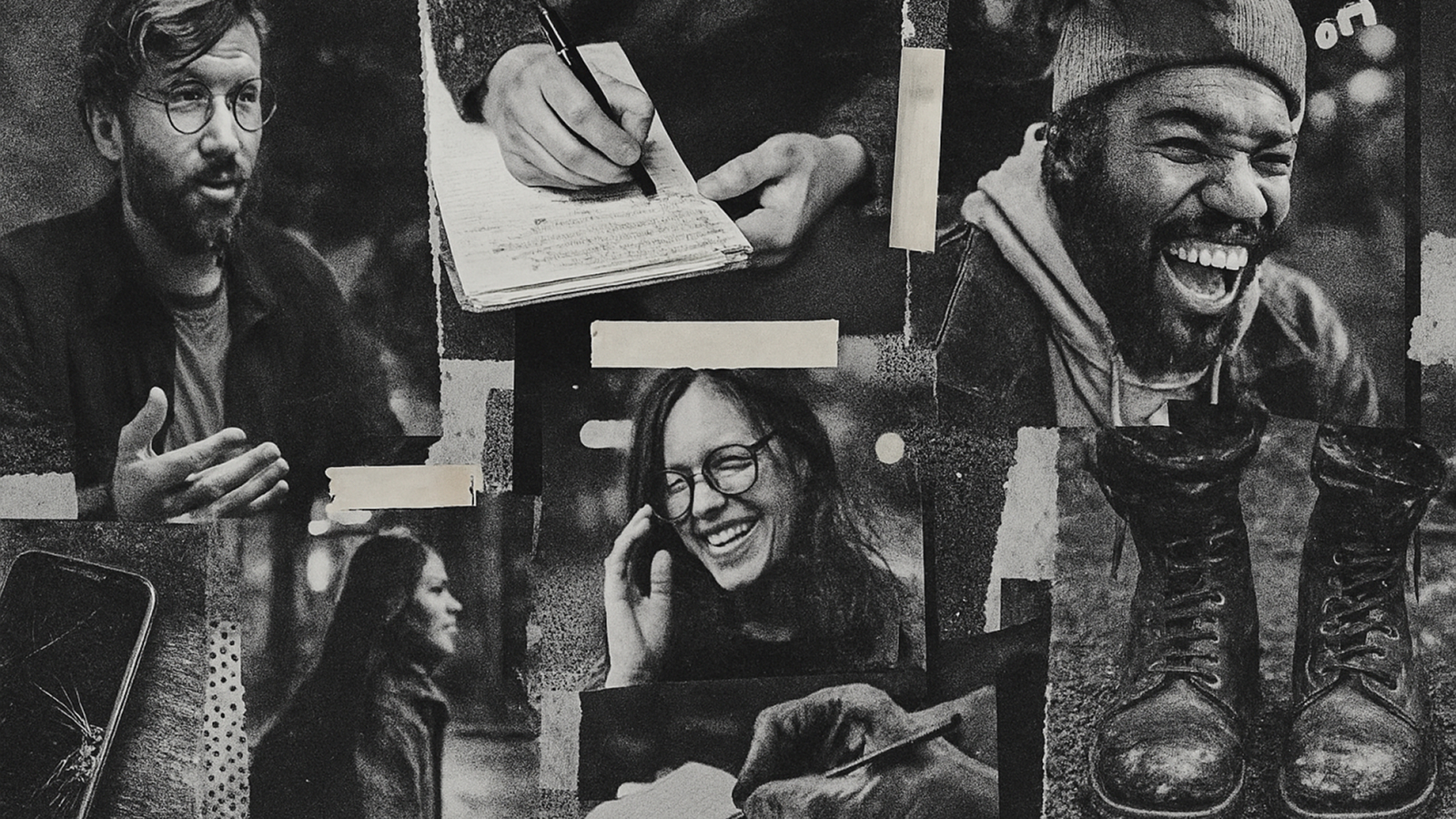 A taped-down collage of candid black-and-white photographs of people.