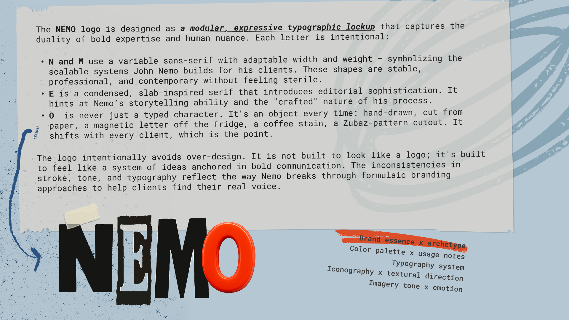 Logo construction notes beside an alternate NEMO lockup with a glossy magnetic O.