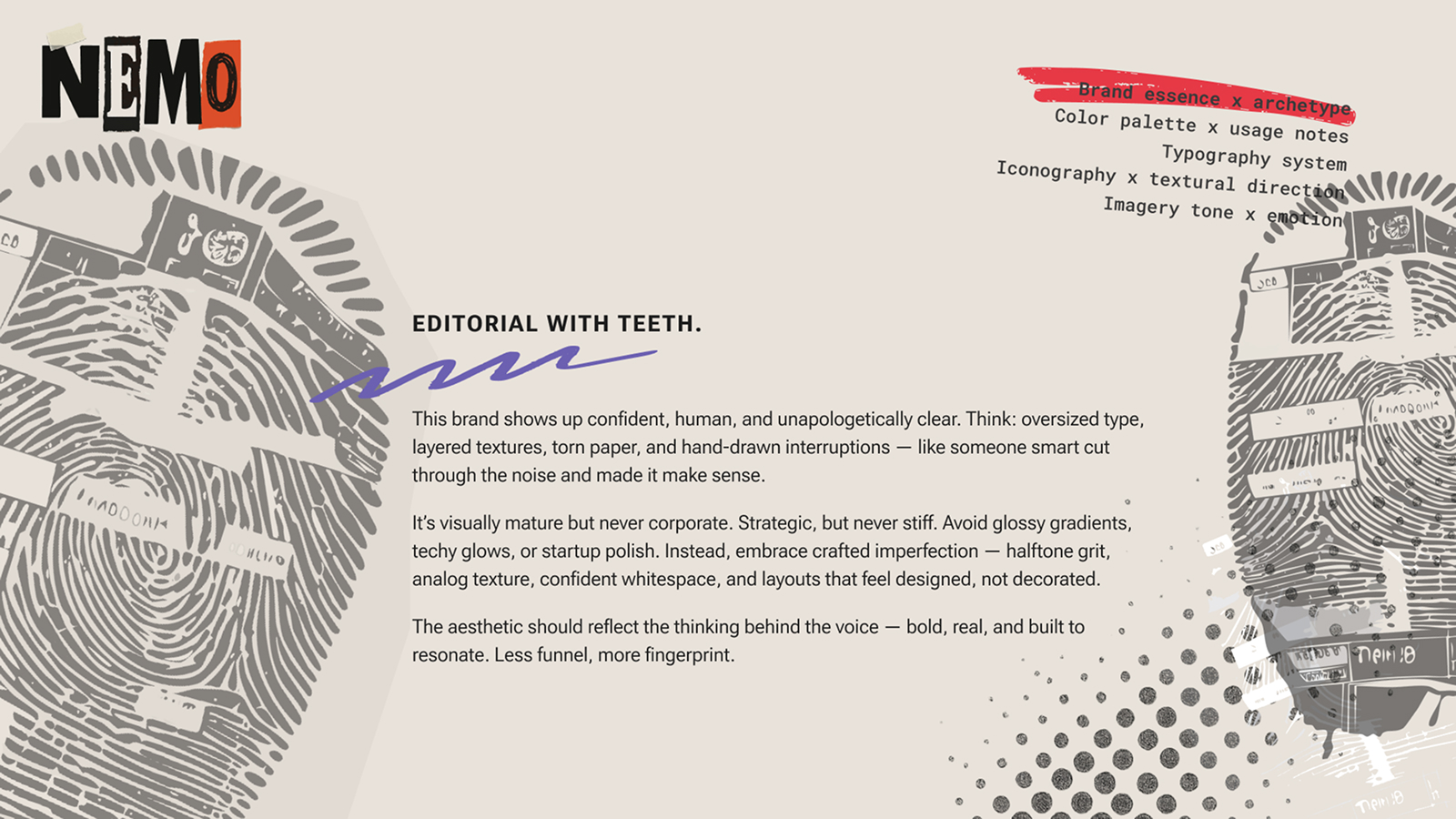 Editorial With Teeth headline over a large fingerprint texture.