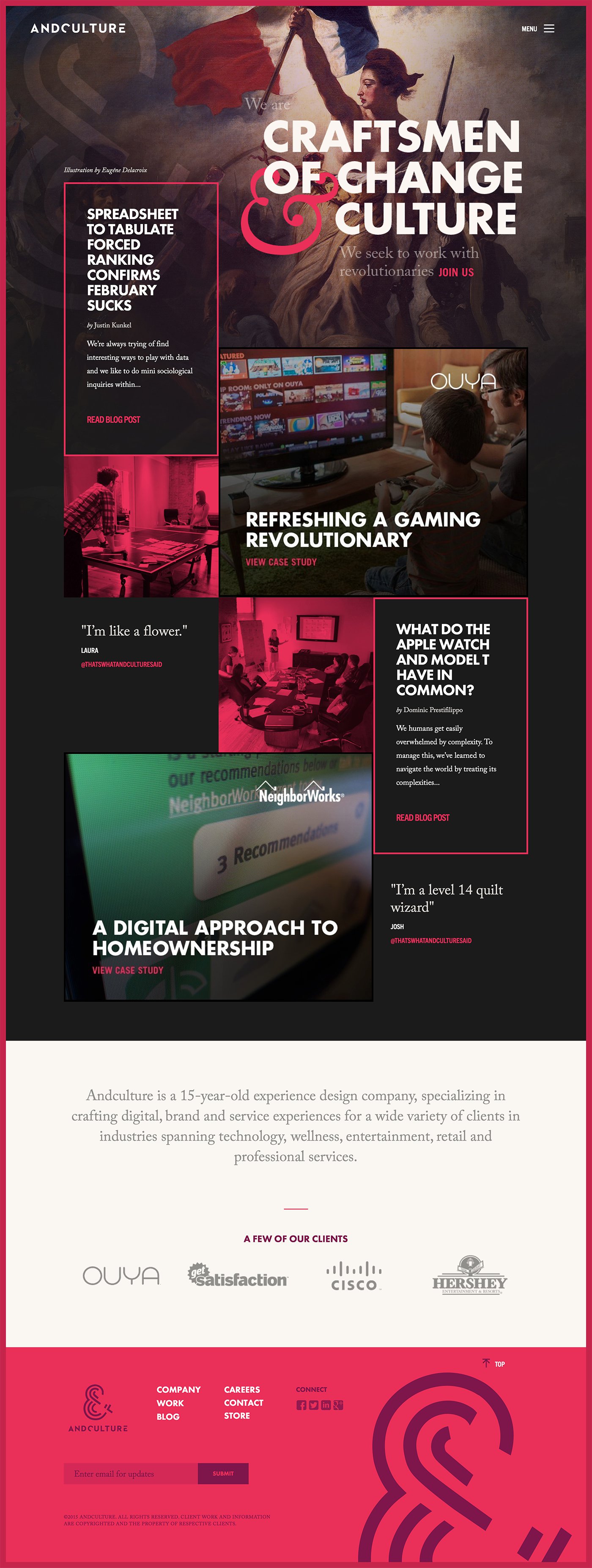 Homepage with Delacroix's Liberty Leading the People behind the line Craftsmen of Change and Culture