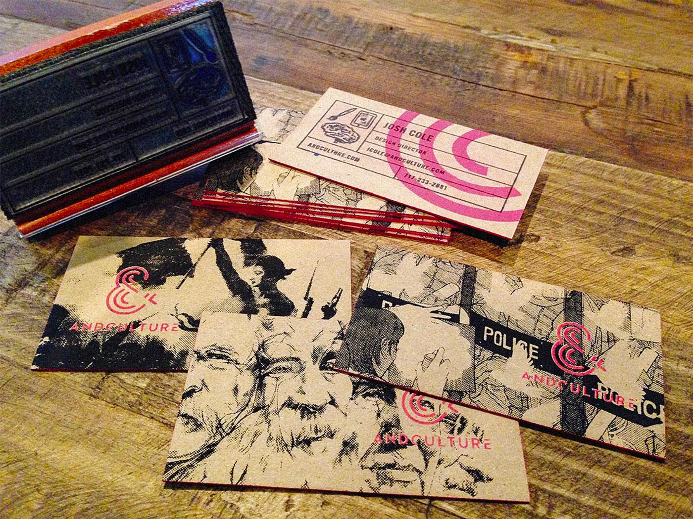 Kraft business cards with halftone illustrations and the pink ampersand mark, with the rubber stamp used to print them