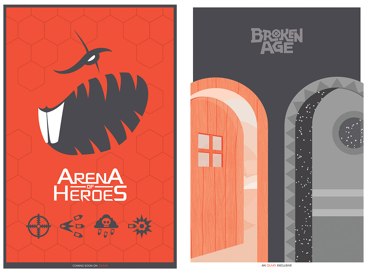 E3 poster pair for Arena Heroes and Broken Age, one red with a monster face and one gray with an arched doorway