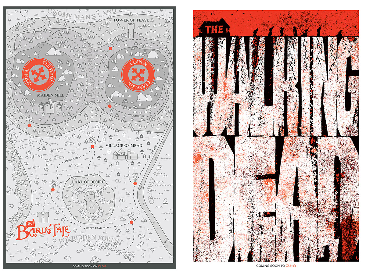 E3 poster pair, with a fantasy map for The Bard's Tale and distressed red-and-black type for The Walking Dead