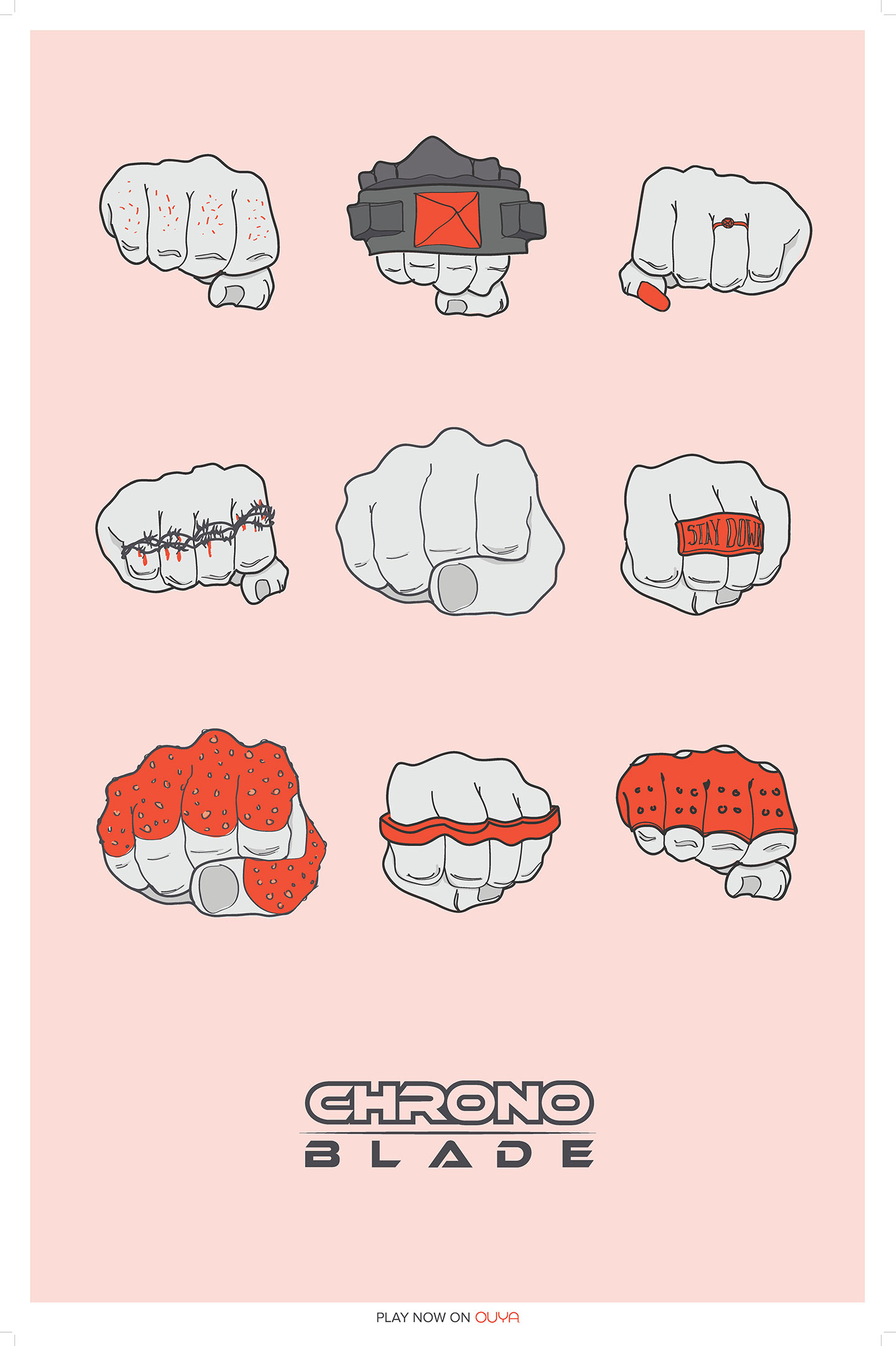 E3 poster for ChronoBlade, with illustrated weapon configurations on a pale pink field