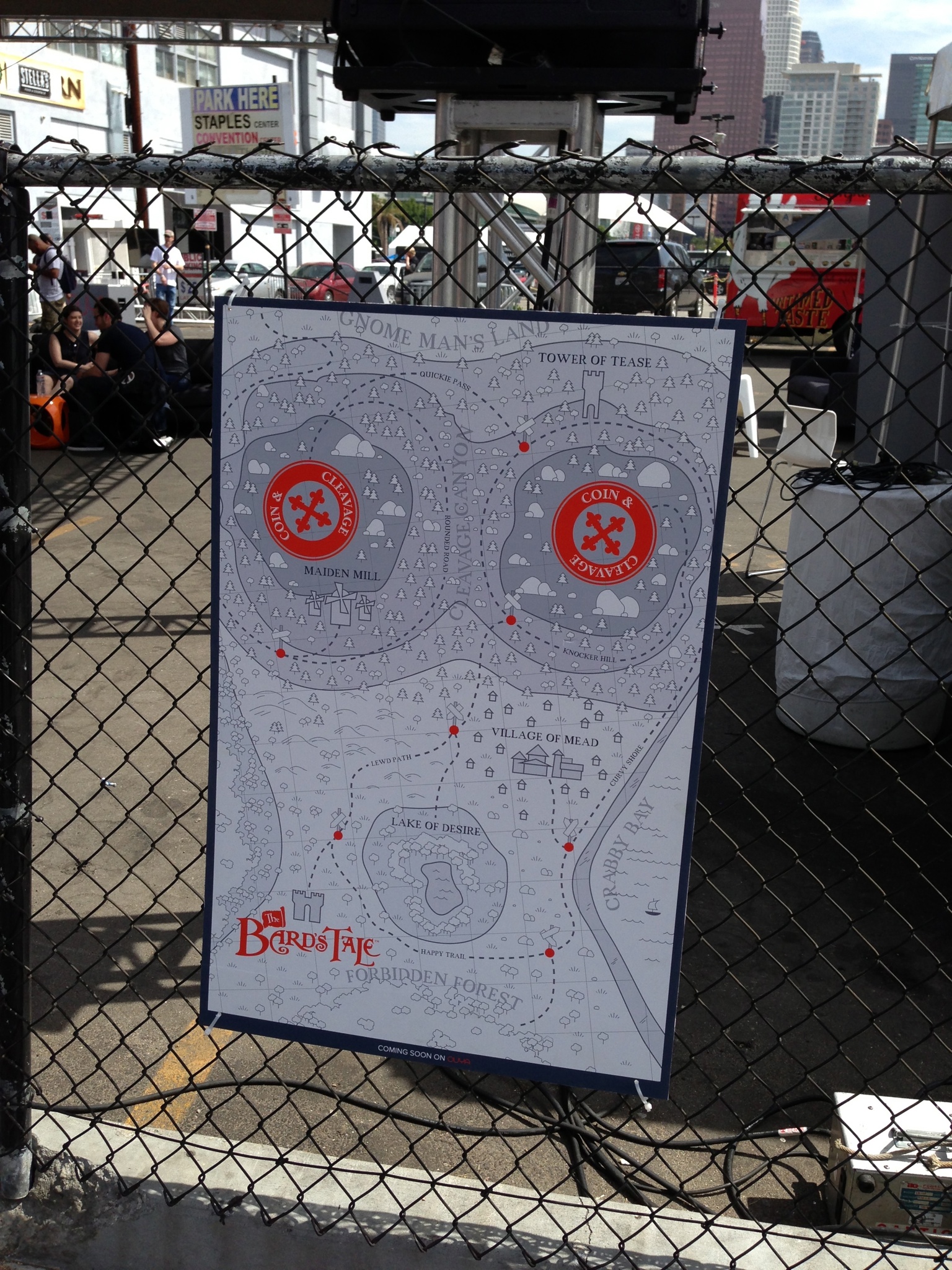 The Bard's Tale poster zip-tied to the chain-link fence outside E3, June 2013