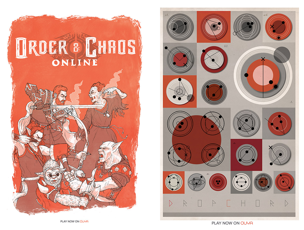 E3 poster pair for Rock and Chaos Online, with orange illustrated art and circular game motifs