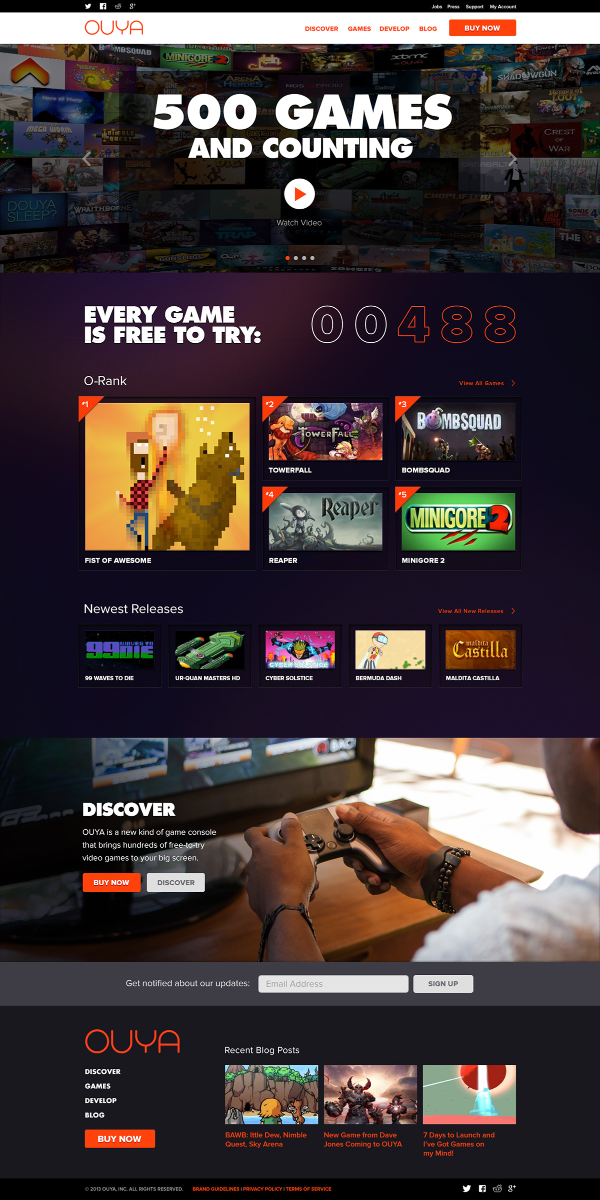 OUYA homepage, 500 games and counting, every game free to try