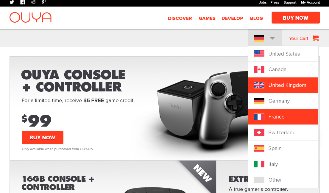 OUYA international store homepage with the country selector open beside the console and controller offer