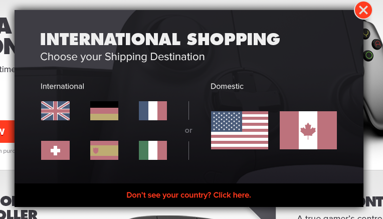 International shipping destination modal over the OUYA store