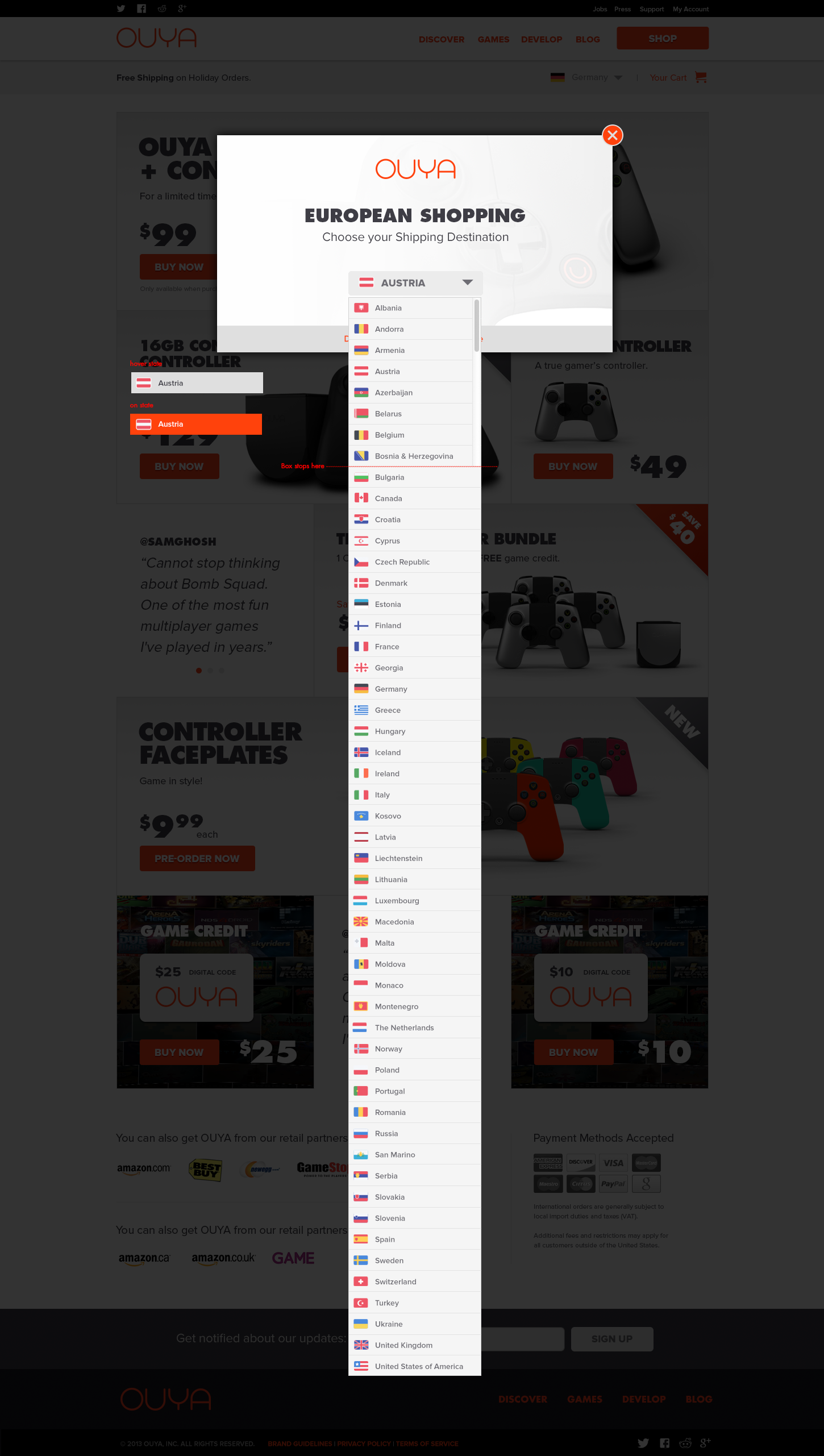 Shipping flow showing a longer country-selection list