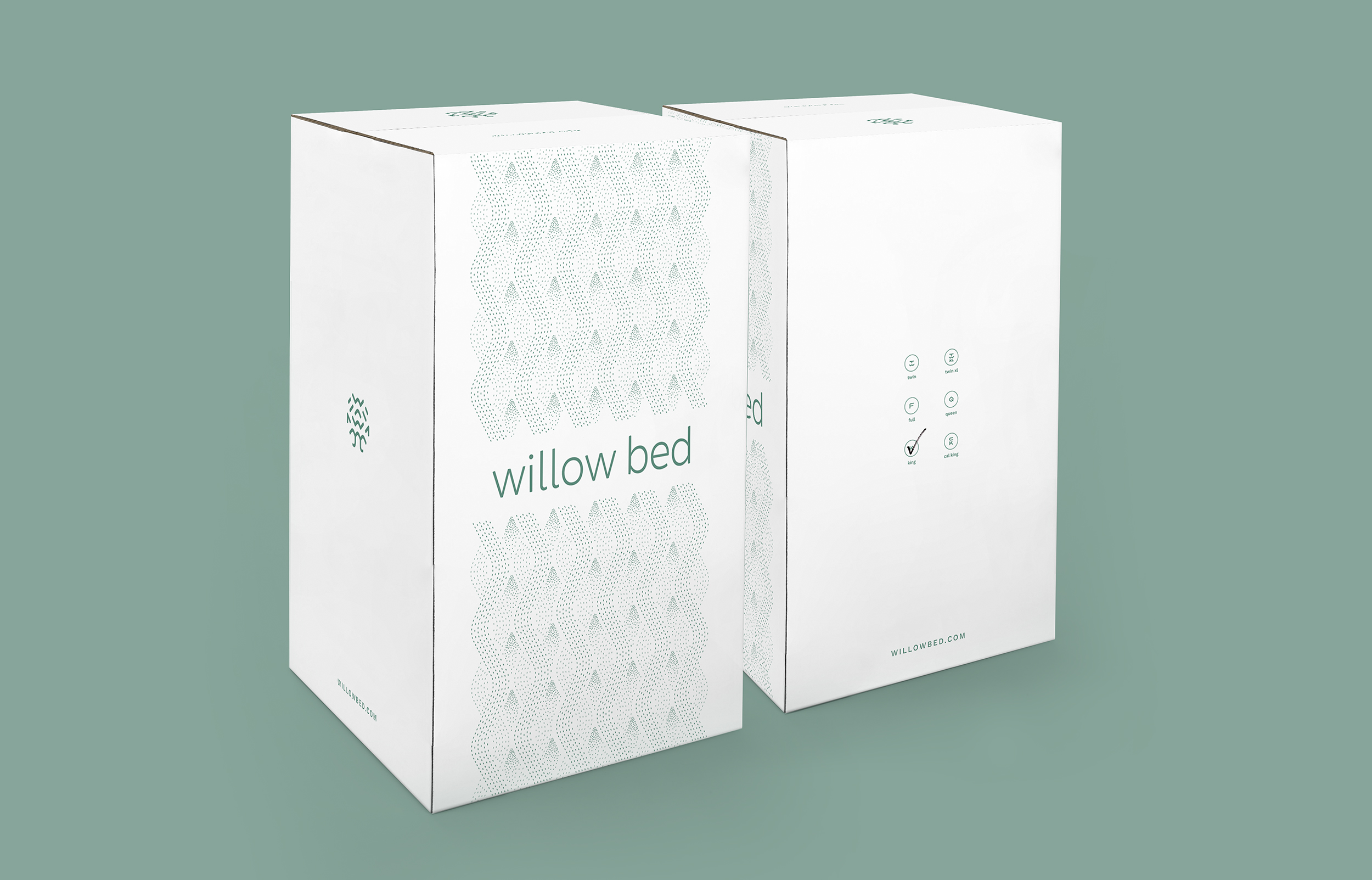 Two shipping boxes in white with the willow bed wordmark and the bark pattern