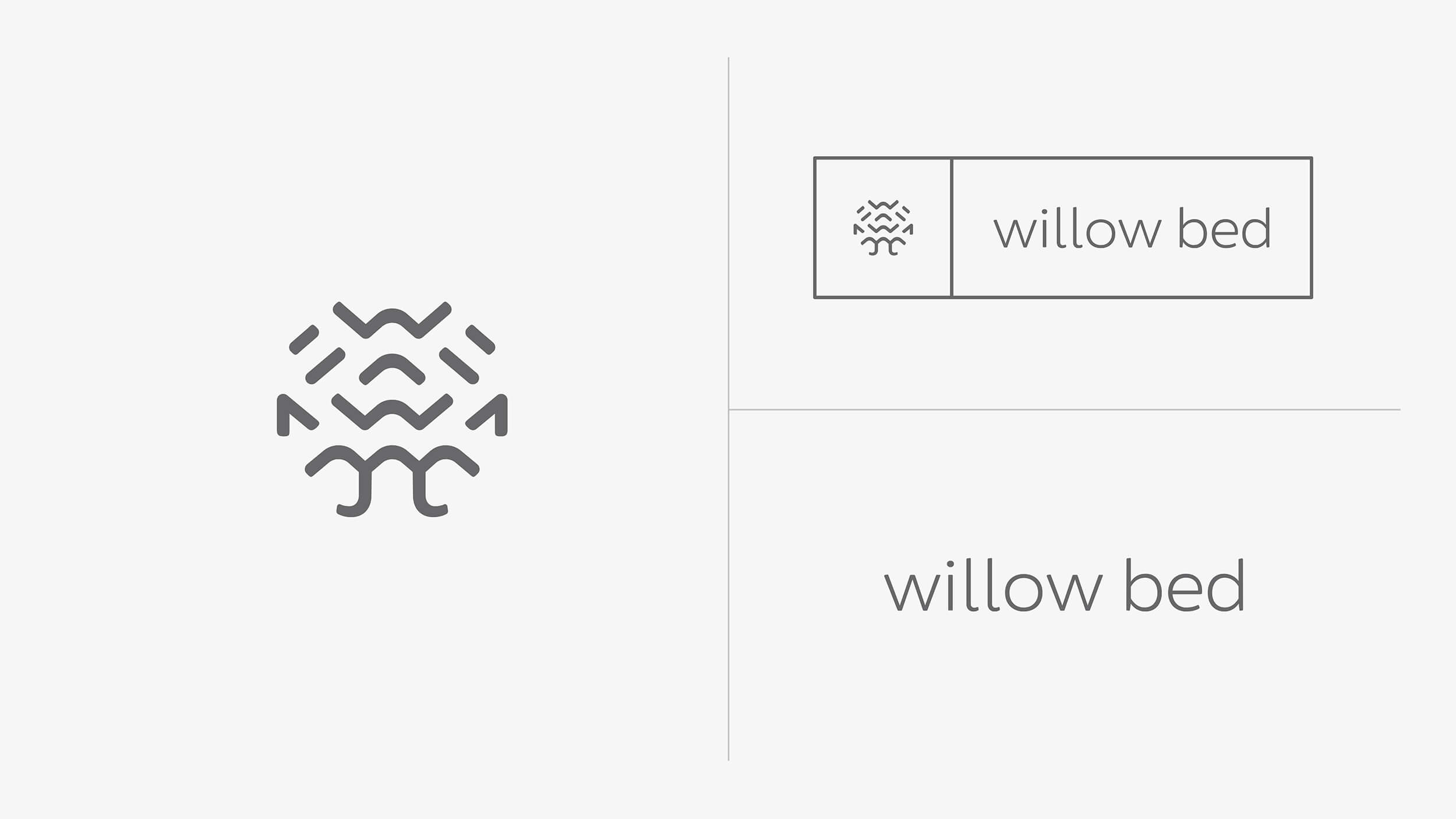 Willow's geometric tree mark and lowercase willow bed wordmark in black on white