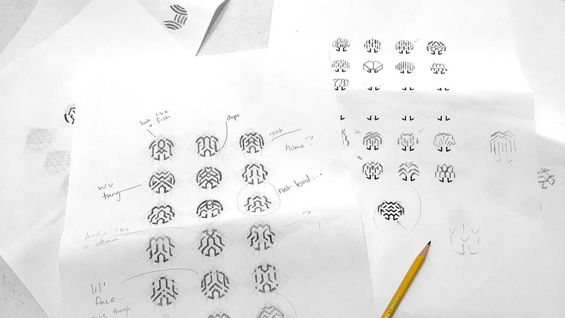 Pencil sketch sheets exploring the willow mark