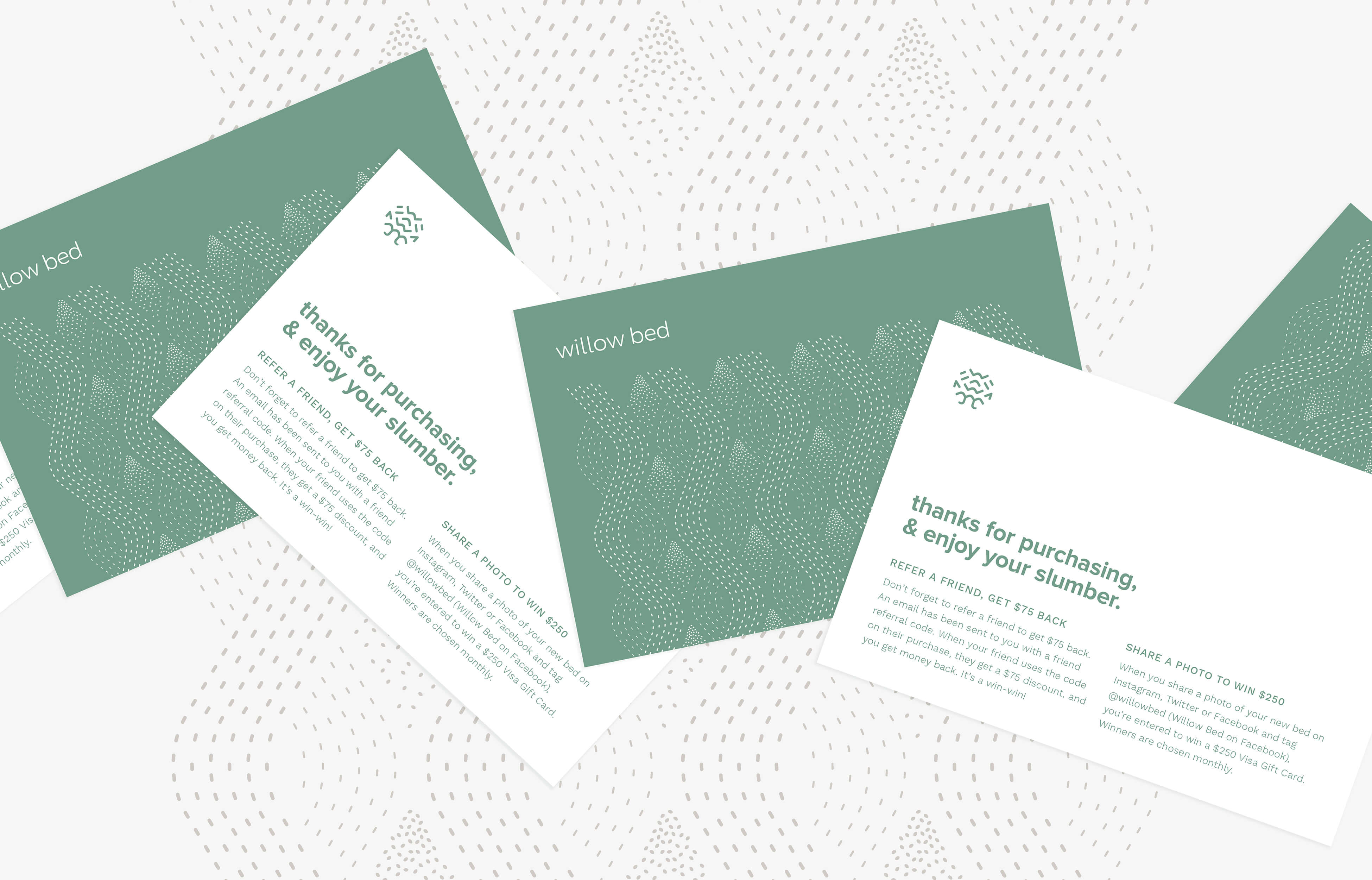 Green and white Willow printed cards over the abstract bark pattern